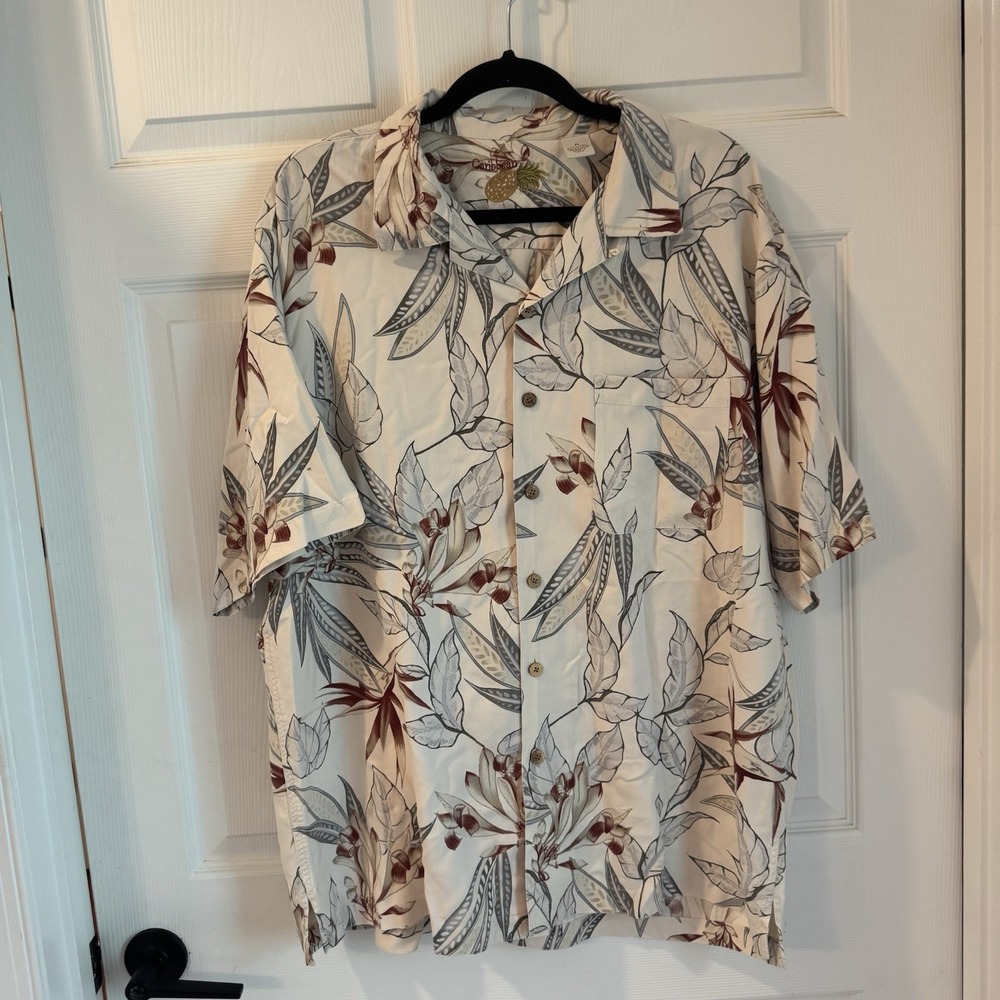 Caribbean Tan Floral‎ Mens Sz XL Hawaiian Print 70% Silk Button Up Pocket Shirt